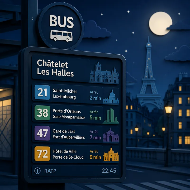 Valaistu bussipysäkin opaste Pariisin yössä Valaistu bussipysäkin opaste Pariisin yössä